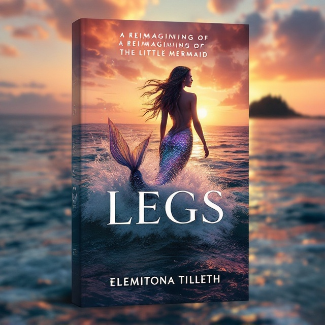 A central image of a mermaid elegantly emerging from the water, her tail seamlessly transforming into human legs. The mermaid is positioned slightly off-center, her scales shimmering with iridescent colors that catch the sunlight. Her expression is one of determination and wonder. The background is a stunning sunset casting warm hues of orange, pink, and purple over an endless ocean, with gentle waves surrounding her. In the far distance, a shadowy hint of a mysterious island adds intrigue.