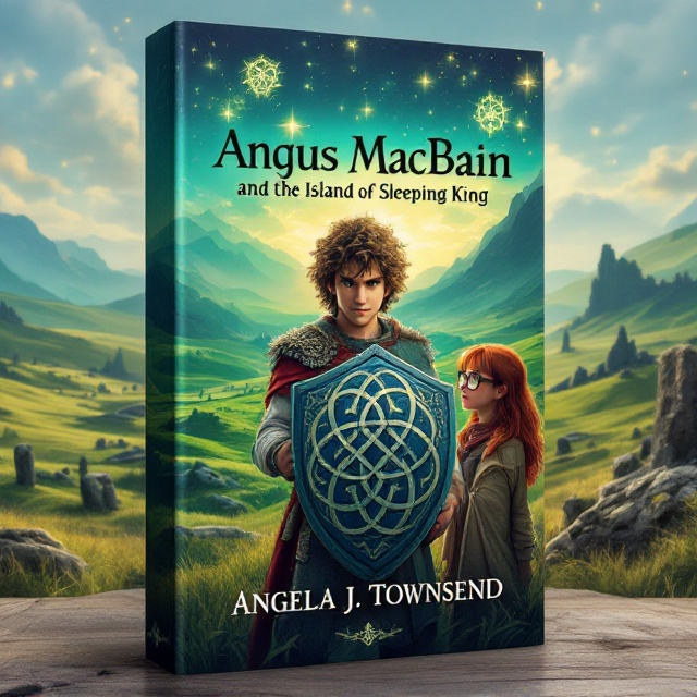 A vibrant Scottish landscape with rolling green hills and ancient stone formations. In the foreground, a sturdy, curly-haired boy holds a shield adorned with intricate Celtic knot work. Beside him, a red-headed girl with glasses studies the horizon. The sky above them is filled with mystical glowing symbols, hinting at magic and adventure. The landscape is rich in texture, with detailed grass and distant mountains in soft focus.