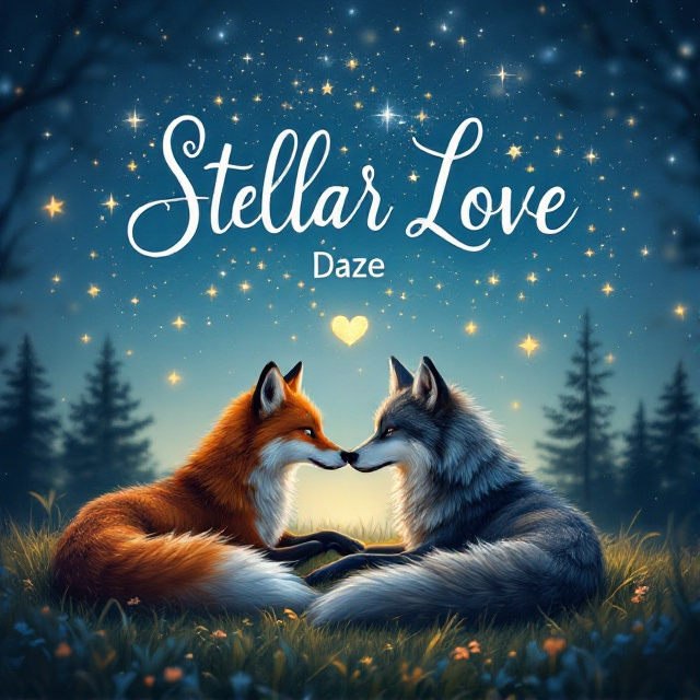 An enchanting scene with an anthropomorphic fox and wolf lying side by side on a lush grassy field under a sky filled with twinkling stars. The fox and wolf gaze lovingly at each other, their tails intertwining. In the background, silhouettes of trees frame the scene, and a gentle moon casts a silvery glow. The stars subtly form a heart shape around the couple, enhancing the romantic atmosphere.