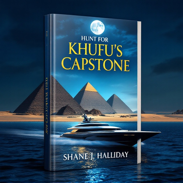 The cover features a striking scene of a superyacht effortlessly gliding down the Nile. The foreground gracefully captures the river's deep blue hues, suggesting motion with subtle water ripples. In the background, the three majestic Great Pyramids stand against a sandy landscape. Above, the moon casts a luminous glow, softly illuminating the scene, with a sky painted in deep, dark shades transitioning between dusk and night.