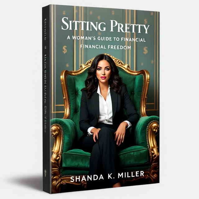 The cover features a striking image of a dark-haired white woman sitting confidently on a grand, oversized chair that exudes wealth with its golden frame and lush green upholstery. Her professional yet stylish attire embodies success, with a crisp white blouse and tailored dark trousers. The background features a subtle, abstract pattern of financial symbols in soft gold and green hues, adding depth and intrigue without overpowering the main image.