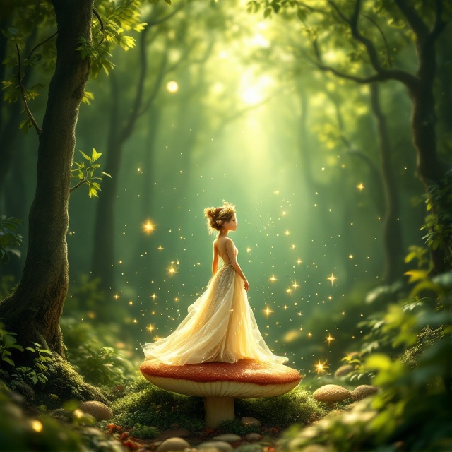 A whimsical forest scene filled with lush, towering trees that create a canopy of green. In the center, a tiny elf girl adorned in a sparkling, flowing gown and a glittering crown stands on a large mushroom. She is surrounded by twinkling lights that resemble fairy dust, with beams of sunlight filtering through the leaves, casting a magical glow.