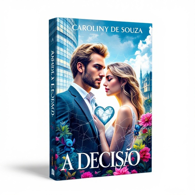 The cover features a vibrant and dynamic scene where the left side displays a grand corporate skyscraper, symbolizing the large company, while the right side shows a serene yet scholarly college campus that twists subtly into the background, providing depth. Centrally, at the forefront, are the characters Rodrigo and Sophia. Rodrigo, with his striking blond hair, stands boldly facing Sophia, both displaying compelling blue eyes. Sophia, with her back turned yet slightly angled, subtly mirrors Rodrigo’s stature. Between them, a glass heart, visibly cracked yet in the process of being meticulously pieced together, floats, capturing attention. Hidden subtly among the details of the college campus, “Stitch,” the beloved character, is cleverly integrated, adding an essential touch. The overall color palette combines rich shades of blue, soft pinks, and golden yellows for harmony and vibrancy.