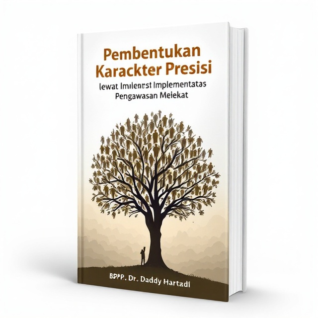 A central image of a tree with branches shaped like human figures, symbolizing growth and character building. The tree stands tall against a gradient background transitioning from white to brown. In the foreground, a silhouette of a person reaching upward, implied striving and aspiration.