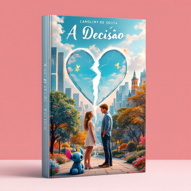 The cover features a sprawling panorama with half of a large, modern corporate building on the left and a vibrant college campus on the right, separated by a jagged, cracked glass heart in the center. The character Stitch is placed on the corporate side, while Tinker Bell hovers near the campus portion, both adding a touch of whimsy and emotional depth. Rodrigo, standing tall with striking blue eyes and blond hair, faces Sophia while she, with similarly striking blue eyes and her back to him, complements the realistic romantic tension suggested by their positions. A warm and inviting color palette of blues, pinks, and golden yellows suffuses the scene.
