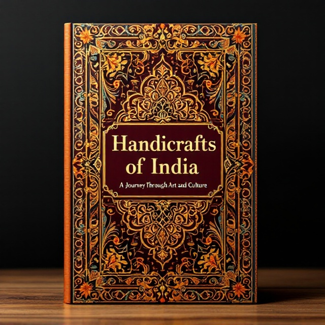The cover features a rich tapestry of elements representing Indian handicrafts. A dominant central panel is filled with intricate patterns delicate embroidery with vivid colors, intricate wood carvings in a lattice style, and shimmering metallic textures that evoke brass and copper. Flanking this are vertical borders adorned with paisleys and floral motifs, set against a background faintly depicting the outline of India. Warm tones of gold, deep reds, maroon, and burnt orange infuse the composition with vibrancy and depth.