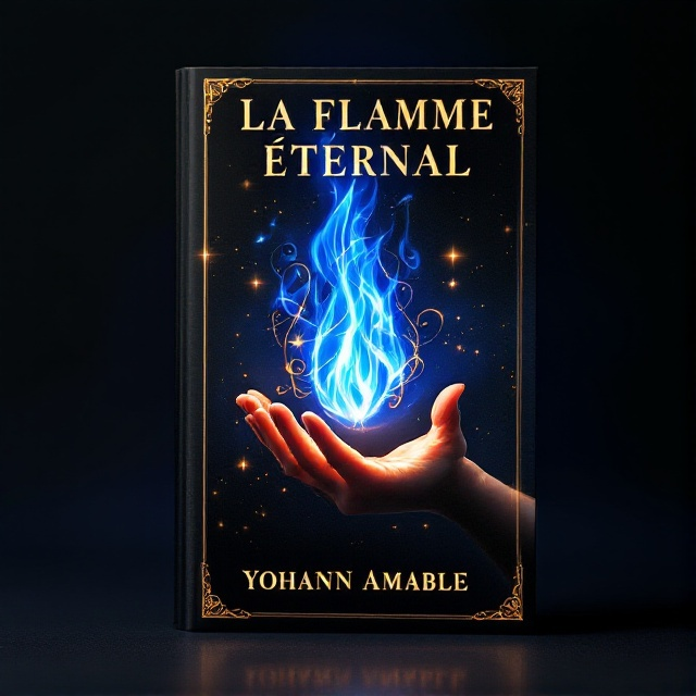 A bright blue flame ignited in an elegant hand, centered against a deep black background with subtle glowing gold swirls wrapping around the flame, creating a magical aura.