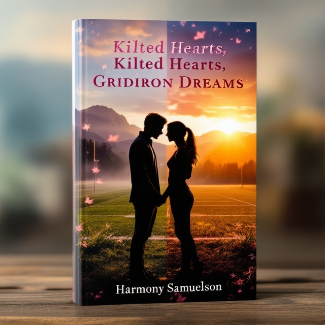 A split image cover, the left side showcasing a misty Scottish landscape with soft rolling hills, and the right side depicting a vibrant American football field at sunset. In the center, the silhouette of a young couple stands, facing each other, their slight smiles hinting at budding romance. Around the couple, ethereal light pink hues bring a sense of warmth and harmony, blending both landscapes subtly.