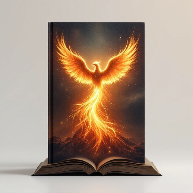 A soaring phoenix rising from ashes, set against a gradient sky transitioning from dark to light. The phoenix symbolizes transformation, while the colors represent a journey from struggle to hope. Subtle silhouette of an open book at the bottom suggesting the potential for new stories.