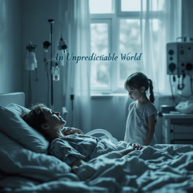 The cover features a dimly lit hospital room. In the foreground, a woman rests peacefully on a hospital bed, her expression serene. Beside her, a little girl stands attentively with a soft, sorrowful gaze. The overall color palette is muted, with shades of blue and gray to evoke an atmosphere of nostalgia and melancholy. Subtle light filters through a window in the background, casting gentle shadows that create depth and emotion.