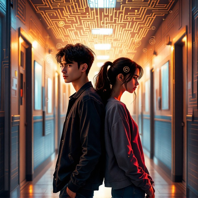 Against a backdrop of a high school hallway, a labyrinth pattern subtly weaves throughout the background. In the foreground, a couple stands back-to-back, their postures conveying disappointment and complex emotions. Both characters are dressed in casual school attire, with expressions reflecting the turmoil of their relationship, emphasized by the soft gradient lighting that casts a warm, yet melancholic glow. Ornamental swirls encircle the couple, symbolizing the intricate emotional ties that bind and separate them simultaneously.