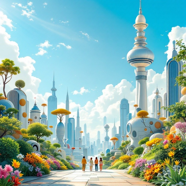 A bright, sunlit skyline of a futuristic city with whimsical architecture; elements of nature such as lush greenery and clear blue skies, contrasting against the sleek metallic buildings; subtle figures interacting happily in the foreground, showcasing community and connection.