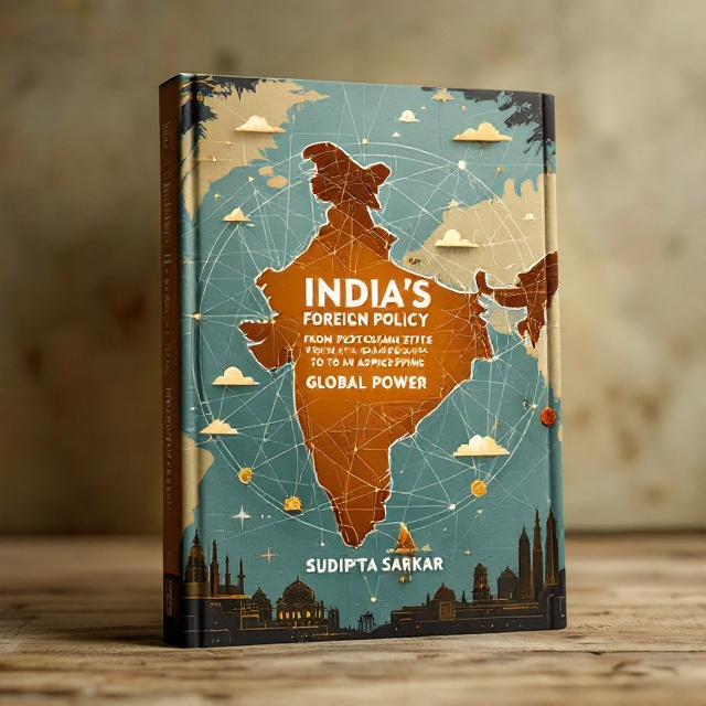 A stylized map of the world in the background, where India is prominently highlighted in warm tones. Interconnected lines or networking patterns stem from India, reaching out towards the rest of the world, symbolizing its global aspirations. Silhouettes of historical and modern landmarks of India, like the Taj Mahal and skyscrapers, subtly integrated within the lines. The color palette is earthy with touches of gold to reflect growth and power.