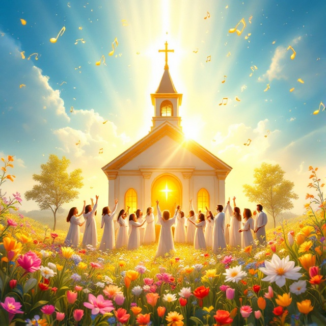 A glowing, golden church nestled within a serene meadow of colorful flowers under a radiant blue sky. A group of joyful choir members dressed in white robes with bright accents, standing in front of the church, singing with arms raised. Rays of light descend from above, symbolizing divine blessing. Music notes flowing upwards surround the scene to emphasize the joyous theme.