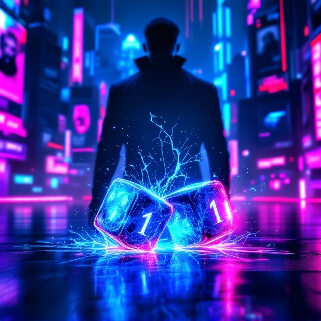 A neon-soaked futuristic cityscape with towering skyscrapers in the background. Central to the design is a pair of dice, zoomed in, with the “1” side skillfully cracked and bleeding an iridescent digital liquid. A shadowy figure in a sharp, glowing suit stands behind the dice, half-hidden in shadow, emanating an aura of both charm and danger. The backdrop features a mix of holographic advertisements and obscured faces behind fragmented, crystalline facades, emphasizing themes of facades and mystery. Lustrous streaks of vibrant purple, blue, and hot pink create a stark contrast against hints of shimmering darkness beneath.