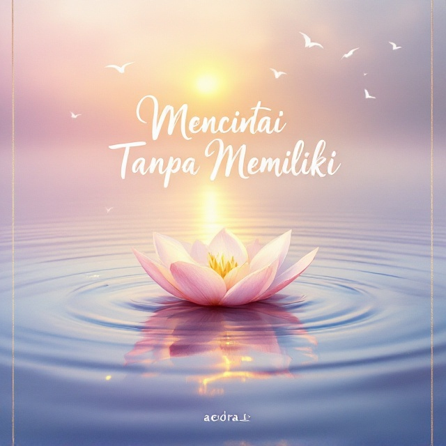 A soft and dreamy watercolor painting of a single flower petal floating on a serene lake, with ripples faintly glowing under a warm, golden sunset. The background fades into a gentle gradient of pink, orange, and lavender hues, and thin white birds fly in the distant sky, symbolizing freedom.