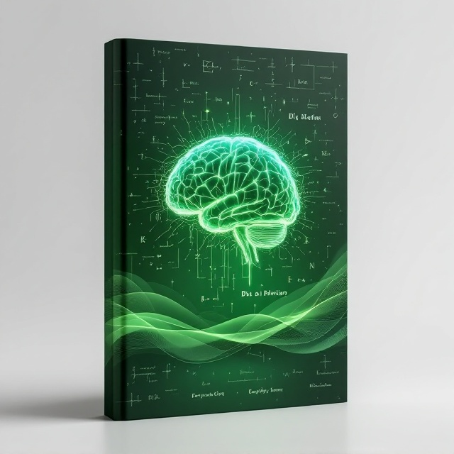 Abstract green tones dominate the background, covered in faint mathematical formulas and diagrams. At the center, a semi-transparent, glowing human brain image is intertwined with neural pathways and fractals. The lower portion features a gradient wave of psychological emotion icons, subtly blending into the mathematical context.