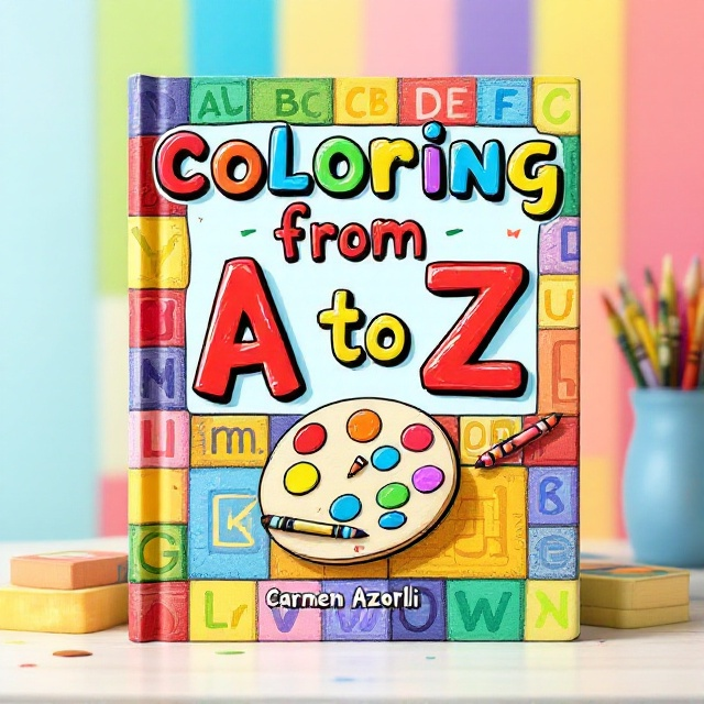 The cover consists of a vibrant and colorful background made up of block patterns reminiscent of children's building blocks, with different letters of the alphabet on each block. The letters are bold, fun, and arranged from A to Z across the cover, some overlapping. The center of the cover features a hand-drawn crayon illustration of a paint palette and crayons. The background transitions from light pastel tones to bolder hues, evoking the spirit of creativity.