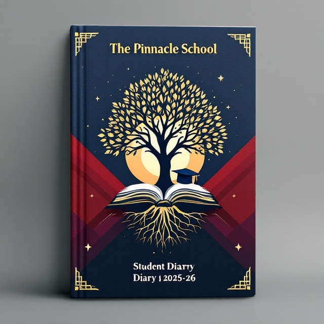 The cover features a central illustration of a growing tree that highlights its flourishing branches. The tree roots, creatively shaped like open books, extend downward, grounding the design, while a rising sun emerges behind the tree, symbolizing growth and new beginnings. A graduation cap is perched subtly on one of the branches, with small golden stars scattered in the background. Soft geometric patterns, blending navy blue, maroon, and gold hues, form an understated gradient backdrop to enhance depth and sophistication.