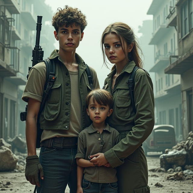 The cover presents a young man and a woman as central figures, standing side by side against the backdrop of a desolate, post-apocalyptic cityscape. The man, clad in rugged, battle-worn attire with a weapon slung over his shoulder, looks ahead with a mix of determination and wariness. The woman, in a practical yet slightly softer outfit, displays an expression that hovers between steely resolve and hidden vulnerability. A young boy stands slightly in front of them, hugging the woman’s waist, his wide, innocent eyes gazing at the viewer, adding emotional depth. The background features shattered buildings, piled debris, and abandoned vehicles, with the eerie silhouettes of zombies lurking in the foggy distance. The overall color scheme incorporates moody greys and muted greens, with hazy, dim lighting that emphasizes the apocalyptic atmosphere.