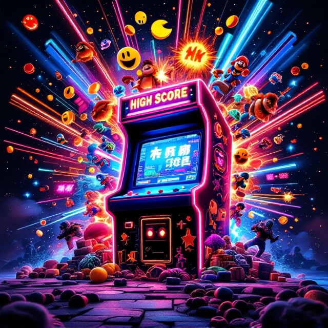 A vibrant collage with the dominant central element being a bright, glowing arcade cabinet tilted slightly with a CRT screen showing a pixelated high-score banner. Around the arcade screen, classic retro gaming elements are layered. Pac-Man chases ghosts across the cabinet’s top, Mario leaps between pixelated glowing coins and bright mushrooms to the left. Above the cabinet, Ryu unleashes a Hadouken with a fiery trail, creating motion. Donkey Kong barrels and Space Invaders' alien ships cascade from the top right, with pixel lasers shooting downward. Dynasty Warriors' chaotic battlefield scene unfurls at the bottom, while the Contra soldiers fire toward the opposite corners. An 8-bit explosion effect fills the cabinet's surrounding as neon outlines accentuate the edges. The entire background hums with scanned CRT textures and a bold retro action vibe.