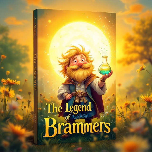 A vibrant, cartoon-like illustration of a short, cheerful man with blonde hair and a blonde beard holding a bubbling chemistry beaker, standing in a sunlit meadow with a glowing, happy sun rising behind him. The scene is full of warm, radiant colors such as golden yellows, soft oranges, and lush greens to evoke happiness. The man is adorned in a medieval-style tunic that hints at the fantasy genre. The beaker emits a magical sparkle, adding an element of wonder.