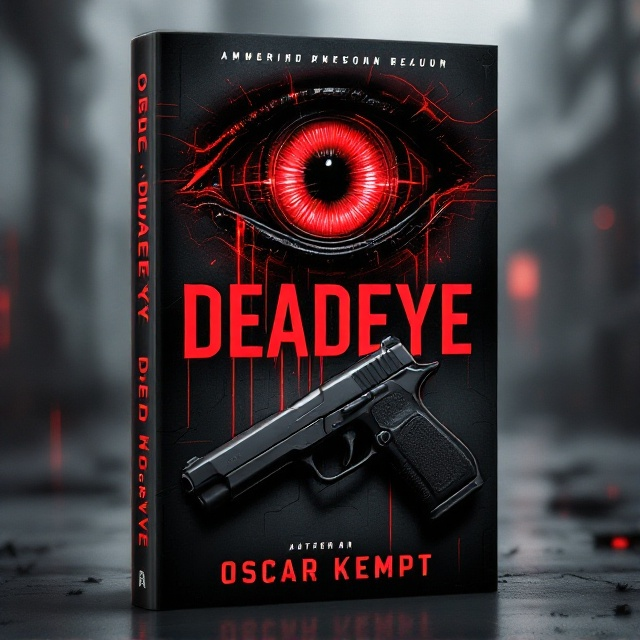 A single, vivid, blood-red eye with sharp, mechanical detailing dominates the upper half of the cover, gleaming as if it’s alive. Below the eye, angled slightly, rests a sleek, black suppressed pistol with a faint metallic sheen, its barrel pointed partially toward the bottom-right corner. The background has a fractured, dystopian cityscape in muted grays and blacks, blurred slightly to put emphasis on the eye and firearm. Subtle streaks of red light slice through the background, adding tension.