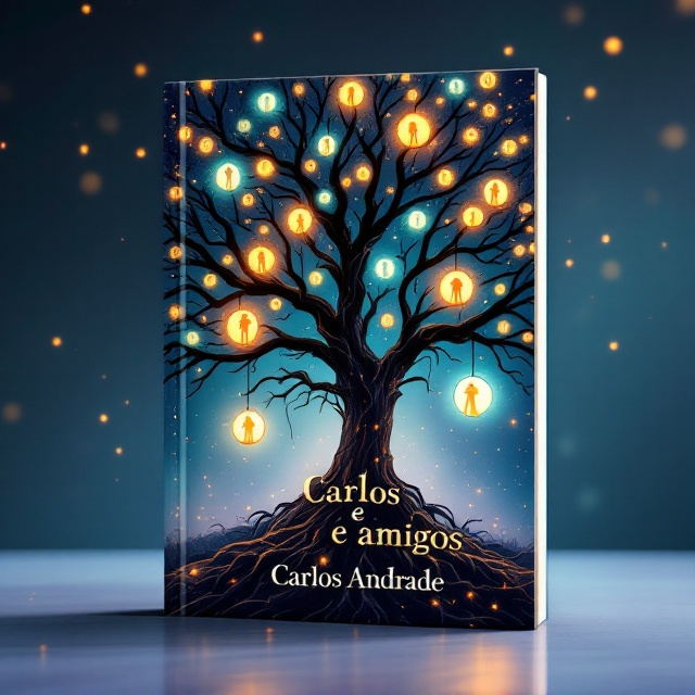 The cover features a surreal illustration of a sprawling tree, its roots interwoven with glowing orbs suspended mid-air. Each orb contains faint outlines of abstract figures, symbolizing friendship and connection. The background is a gradient of twilight hues—shifting from soft blues to purples. A faint shimmer effect is applied, lending a magical and dreamlike quality to the design.