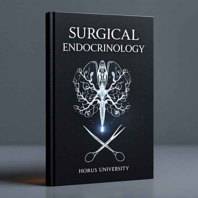 The cover shows a dark, textured background in black or dark blue, creating a professional and serious tone. Overlaid is a central image of a detailed human endocrine system diagram in white and soft silver (highlighting glands such as the thyroid, pituitary, and pancreas), subtly paired with surgical tools like a scalpel and forceps crossing diagonally in the lower foreground. A soft glow emanates from the gland diagram, suggesting focus and precision.