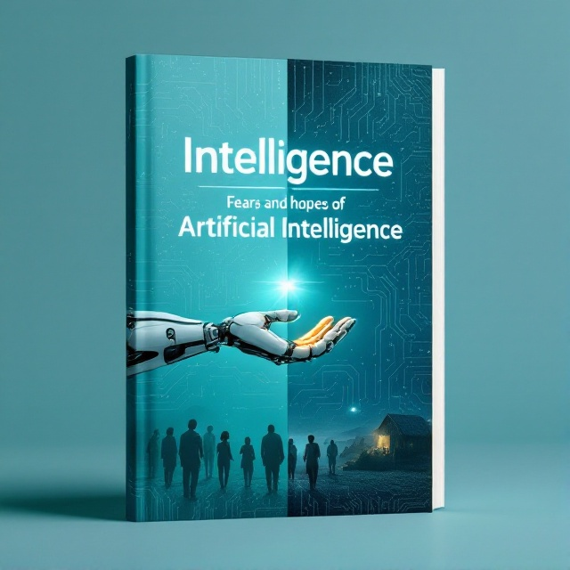 A dominant image in the center of the cover showcases a robot extending a hand to a group of impoverished people. The background is split diagonally, with one half representing advanced technology (a circuit-board pattern) and the other half symbolizing poverty (a rural village scene). The turquoise (جلد فیروزه‌ای) color envelops the entire design with soft gradient accents to subtly contrast between hope and fear.