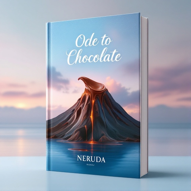 A majestic volcano rising out of serene blue water, with rivulets of melted chocolate pouring down its sides like lava. Above, a dreamy swirl of chocolate in mid-melt forms a glossy, inviting visual centerpiece. The backdrop displays a soft pastel sky transitioning to dusk, emphasizing a sense of calm and warmth.