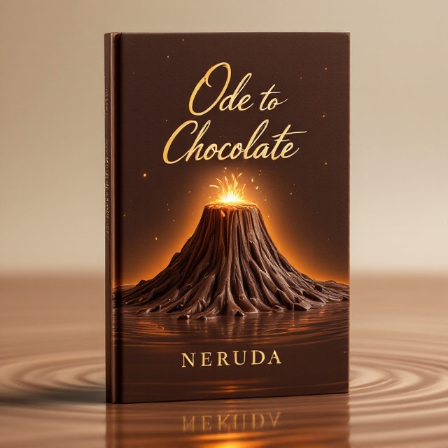 A molten chocolate volcano sits at the center of the cover, its edges dripping chocolate lava into a rippling chocolate lake below. The word *“ODE”* is written in elegant cursive font across the chocolate lava at the volcano's peak. Below it, *“to Chocolate”* is written in bold lettering layered across the volcano’s slope. The scene is bathed in golden hues of light, giving an inviting and warm feeling of happiness. The lake of chocolate reflects the volcano in a glossy mirror-like surface, emphasizing calmness, with thin ripples spreading outward.