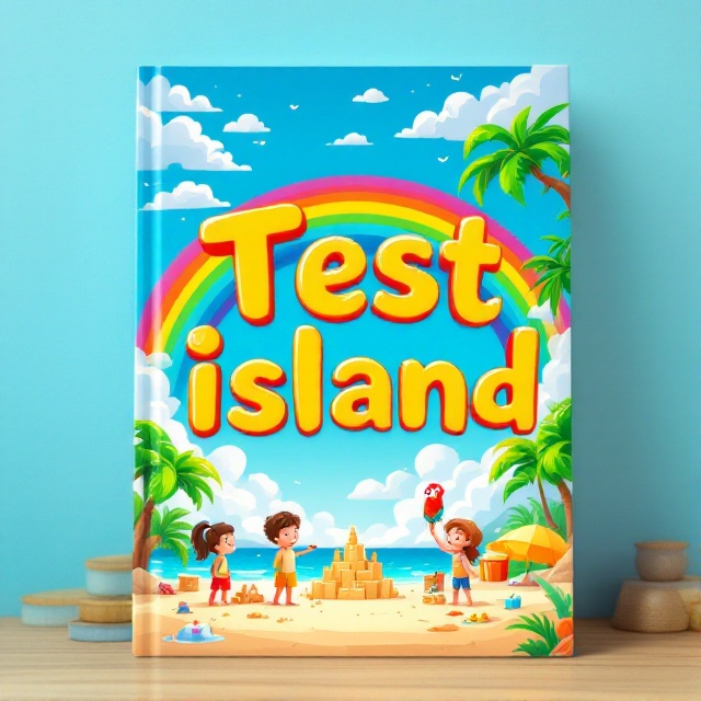 A bright, tropical island scene with a cartoonish style. The island features a golden sandy beach, cheerful palm trees, and a clear blue sky filled with fluffy, smiling clouds. In the foreground, there are playful children building sandcastles and laughing, with a friendly parrot perched on a tree branch. A rainbow arches across the sky, adding vibrant colors that evoke joy and happiness.