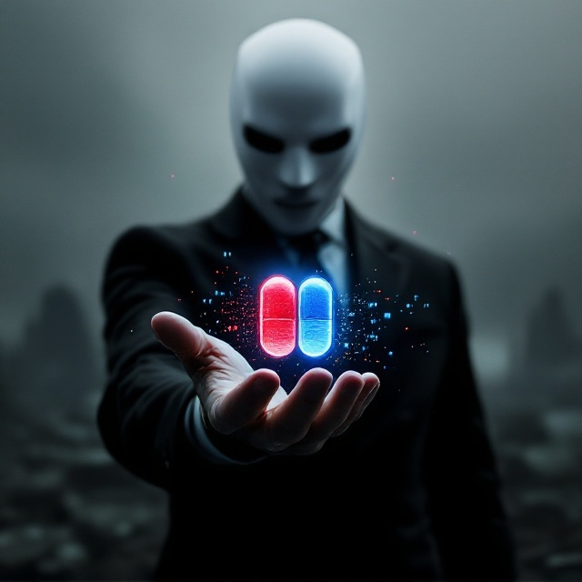 A dark, dystopian background with a gradient of deep greys and shadows. A single man wearing a black suit and a stark, white featureless full-face mask dominates the foreground. His hand is extended outward, holding a single, brightly colored pill (red and blue in halves). The atmosphere is oppressive, with faint hints of a crumbling city skyline in the blurred background. Subtle holographic binary codes float faintly in the air around the pill.