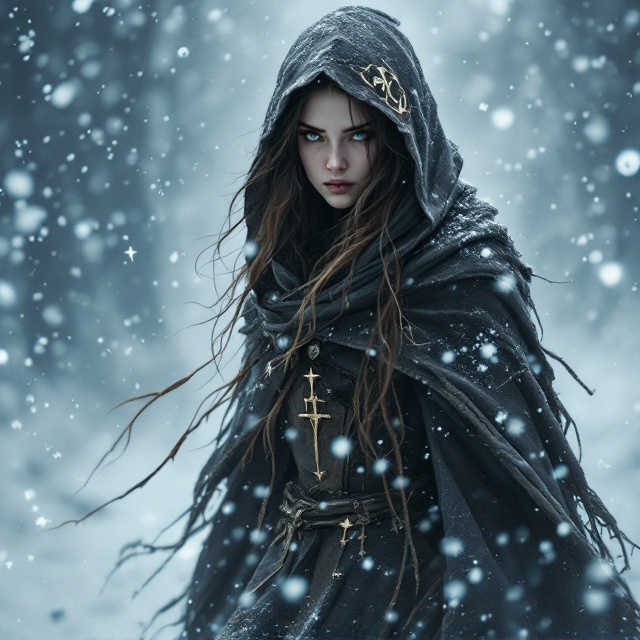 An ethereal half-elf girl cloaked in a thick, tattered hooded cloak walks through an unforgiving icy blizzard. The cloak billows in the strong winds, obscuring her profile and adding an element of mystery. Snowflakes dance with bladelike sharpness in the air, and the backdrop stretches into a desolate icy tundra. Faint, otherworldly mythical symbols glow faintly in the storm's veiled haze, hinting at magical undertones. The color palette leans toward icy blues, silvers, and muted whites, contrasted by the deep earthy tones of the girl's cloak.