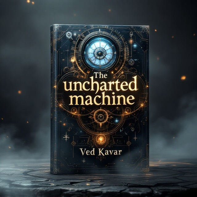 A dimly lit cover with a large, antique-looking time machine dominating the center. The time machine is intricate and slightly abstract, with glowing, swirling gears and ethereal light emanating from its core. The background is shrouded in a misty, dark-gray atmosphere with faint silhouettes of clocks, ghost-like hands reaching, and fragments of mysterious symbols floating. The title, "The Uncharted Machine," appears as if it's carved into metal, with a subtle, glowing aura around it.