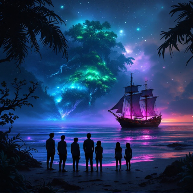 The cover displays a dimly lit beach at twilight, where a group of 5 teens (2 boys and 3 girls) stands in silhouette, gazing into a vibrant jungle emitting glowing, colorful mystery lights—shades of blue, green, and violet. In the background, an enigmatic sailing boat rests on the gentle waves near the shore, partially illuminated by the jungle's lights. The atmospheric elements, such as hazy mist rising off the island and faint starry skies above, add intrigue. The jungle appears dense, with contorted trees and faint silhouettes of unknown shapes hidden within.