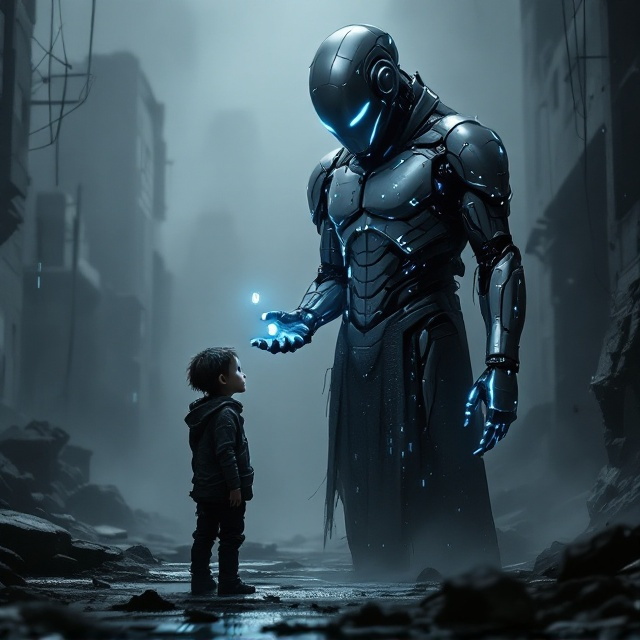 A dystopian, muted color palette dominates the cover, consisting mainly of grays, blacks, and hints of metallic blues. The scene is centralized a tall, imposing man wearing a metallic, full-face robotic mask looms in the foreground, detailed with glowing blue accents that mimic digital features. The man’s gloved hand extends outward, palm open, offering a single pill, glowing faintly, to a small, frightened child standing to the left. The child appears malnourished, with wide, fearful eyes, and is dressed in ragged clothing. Shadows stretch across the ground from both figures, merging with a fragmented binary code effect across the bottom half of the cover. The background is a desolate, dystopian cityscape with crumbled architecture and a faint toxic atmosphere.