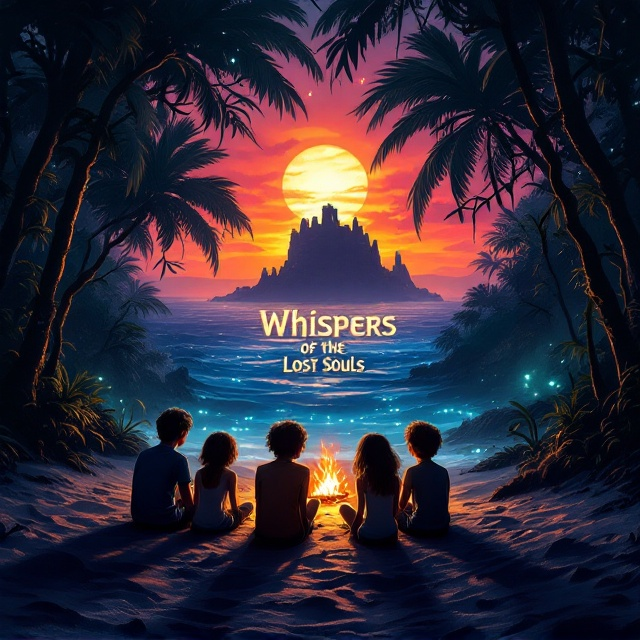 A dynamic scene with a vivid sunset setting the sky in hues of deep orange, magenta, and purple. The horizon showcases the silhouette of an abandoned island surrounded by ocean waves. In the foreground, 2 boys and 3 girls sit on the sandy beach, facing away from the viewer. Their shadows stretch toward the jungle, which is alive with glowing, mysterious small lights emanating in soft blues and greens, creating an ethereal effect. A campfire flickers between the group and the trees, throwing warm light onto their faces. The jungle’s trees and vines loom ominously, with faint outlines of old ruins visible in the shadows.