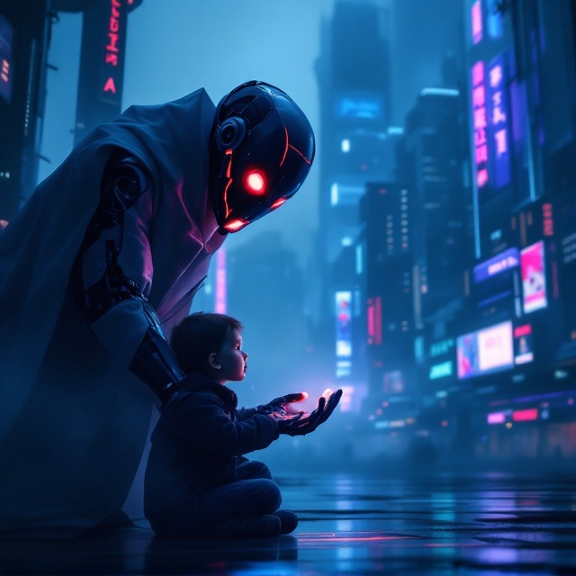 A dimly lit futuristic cityscape is the background, with towering skyscrapers and holographic advertisements glowing faintly in cold blues and purples. A man in a menacing robotic full-face mask, highlighted ominously with red glowing features, looms over a small, scared child sitting on the ground. The man's figure is shrouded partially in shadow, while his extended hand holding a single metallic pill glows faintly, emphasizing its importance. The child's expression conveys fear and hesitation. The atmosphere is dense with an unsettling fog, creating a heightened sense of mystery and uncertainty.