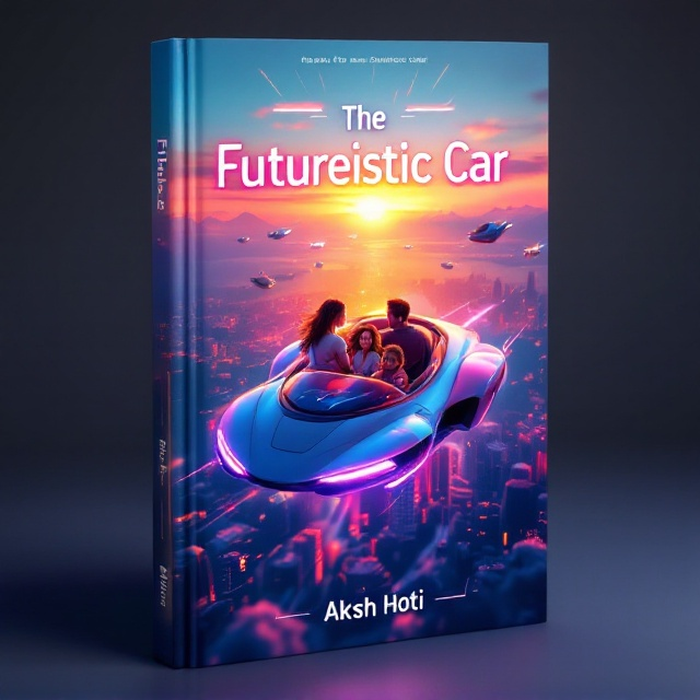 A sleek, futuristic flying car with smooth curves and glowing elements soars high above a colorful, utopian cityscape. A happy family is seated inside — two parents and two children with joyful expressions, enjoying the ride. The background captures a vibrant sunset with hues of orange, purple, and pink blending into the blue sky, dotted with futuristic flying vehicles in the distance.