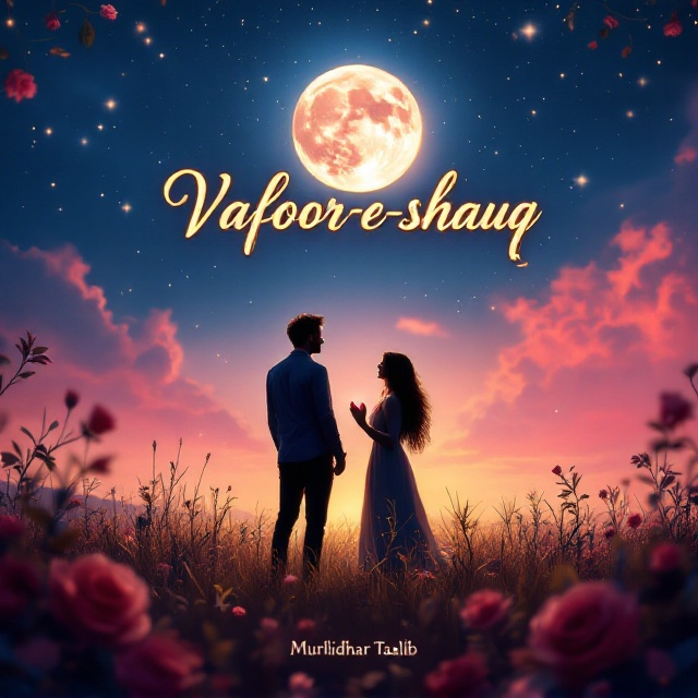 A couple standing in a field under a starlit sky with a large, glowing full moon overhead. The man is reaching out for something distant, symbolizing struggle and passion, while the woman gazes at him with admiration—her hands lightly holding her heart. The background fades into a blend of romantic pinkish hues and deeper blue gradients, with delicate vines and roses framing the edges of the cover for a dreamy, romantic atmosphere.