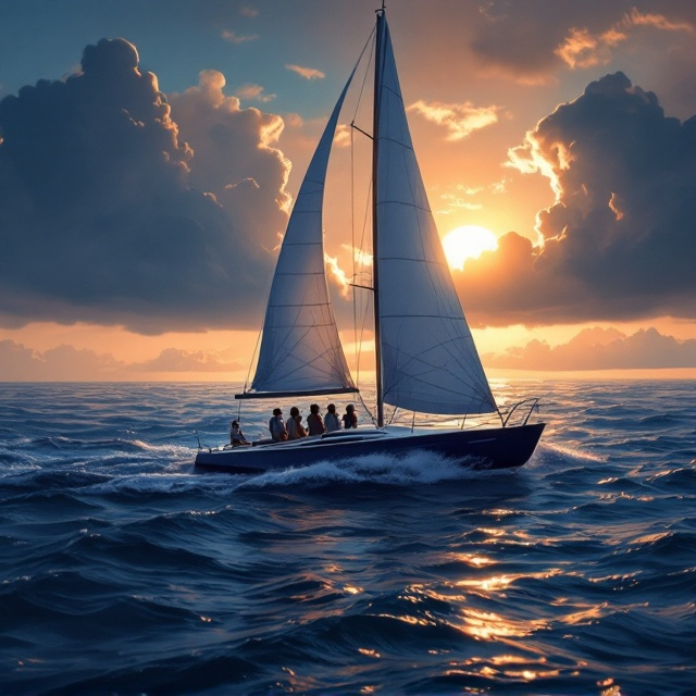 The cover features a dynamic illustration of a sleek, modern sailboat with pristine, white sails catching the wind. The boat is cutting through dark, mysterious waves under a twilight sky painted in hues of indigo and soft orange. Five friends are depicted on deck, their silhouettes subtly outlined with faint smiles and light-hearted gestures as they enjoy the vibrancy of the sea. Clouds in the background are tinged with an ominous glow, hinting at mystery and intrigue. The title, "Whispers of the Lost Souls," appears in a slightly glowing white, etched in the dark sky above the boat, with soft, shadowy effects to create tension and excitement.