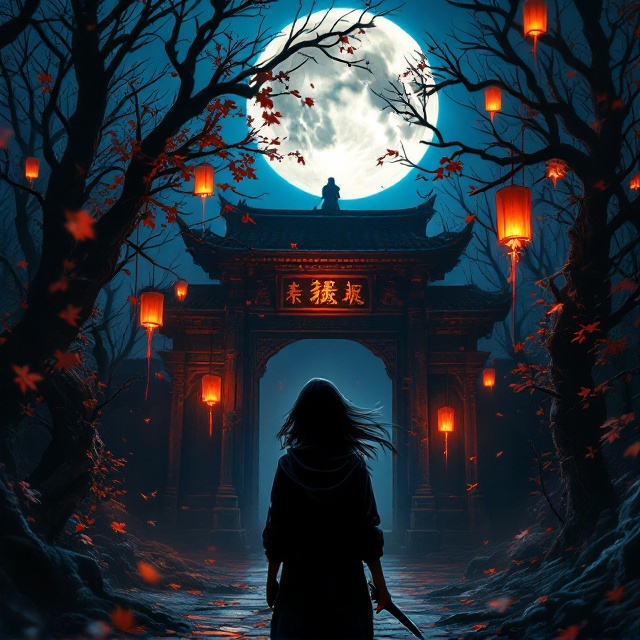 The cover showcases a dark and haunting forest bathed in deep blue and black hues of the autumn night sky. The full moon hangs prominently, casting an eerie glow on skeletal tree branches adorned with crimson autumn leaves falling gently. Paper lanterns float towards the moon, their warm light contrasting the cold surroundings, but one lantern flickers ominously, with thin red threads trailing from it. In the foreground, the shadow of a young girl wearing a black hoodie is seen, her windswept black hair cutting across the dim moonlight. She stands before a decrepit temple gate covered in glowing, cursed red carvings. A sharp dagger glints in her hand. Behind her, a blurry, foreboding figure looms, almost melding with the forest shadows. The temple gate is partially wrapped in dimly lit vines, creating an air of decay and secrecy.