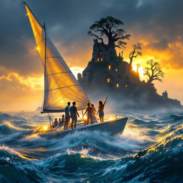 A vibrant and atmospheric cover showcasing a dynamic catamaran with white sails billowing in the wind, cutting through deep blue, churning waves. The five friends are captured in silhouette, with their joyous laughter evident in warm, golden light reflecting off them, creating warmth amidst the suspense. The background features a mysterious, looming, abandoned island shrouded in mist, with dark, twisted tree outlines and faint ruins visible. The sky alternates between a golden sunset fading into brooding, stormy clouds to evoke mystery.