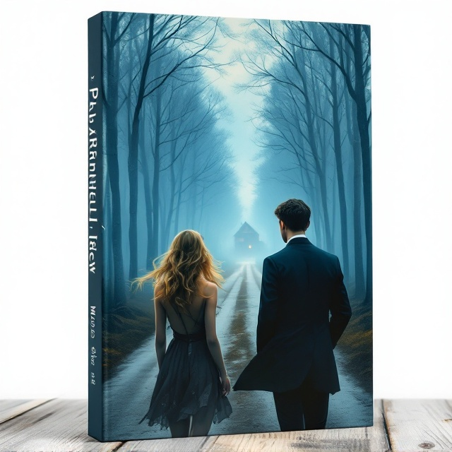 The cover features a vivid depiction of a foggy 1920s village road stretching into the distance. A young woman in her twenties, with beautifully flowing blonde hair, stands dressed in a delicate flapper-inspired outfit — a mix of function and elegance. Beside her is a young man in his twenties, wearing a tailored dark suit, with a determined expression. Both figures hold an air of authority but are surrounded by an aura of mystery. The road is lined with tall, shadowy birch trees, leading the viewer’s eye to an old, weathered farmhouse faintly visible in the distance. A blue-toned sky deepens the sense of secrecy and unease. The entire scene carries a painterly aesthetic with muted but rich colors that blend harmoniously into the true crime ambiance.