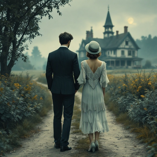 A vintage-inspired illustration depicting a young man and woman dressed in 1920s fashion. The man wears a dark suit with subtle pinstripes, while the woman dons a light-colored fringed flapper dress with a cloche hat. They stand on a dirt road flanked by lush, atmospheric greenery, leading into the distance where an old, weathered farmhouse is visible under a faintly overcast sky. Subtle vintage textures and a desaturated blue color palette unify the image, creating a slightly mysterious, yet fresh feel.