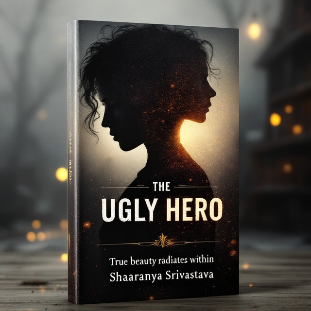 The cover features a close-up, shadowed silhouette of Nora, with her rough, unconventional features subtly depicted. Behind her is a faint, radiant outline of Elinor, a life-sized beauty icon, symbolizing contrast. The background transitions from a dreary, grey-toned small-town landscape on the left to a glowing library shelf on the right, symbolizing Nora's journey of self-discovery. The tagline "True beauty radiates within" overlays the bottom half of the image. The color scheme revolves around muted tones like greys and browns for the background, with small sparks of gold and lavender from Nora's presence, symbolizing her inner brilliance.