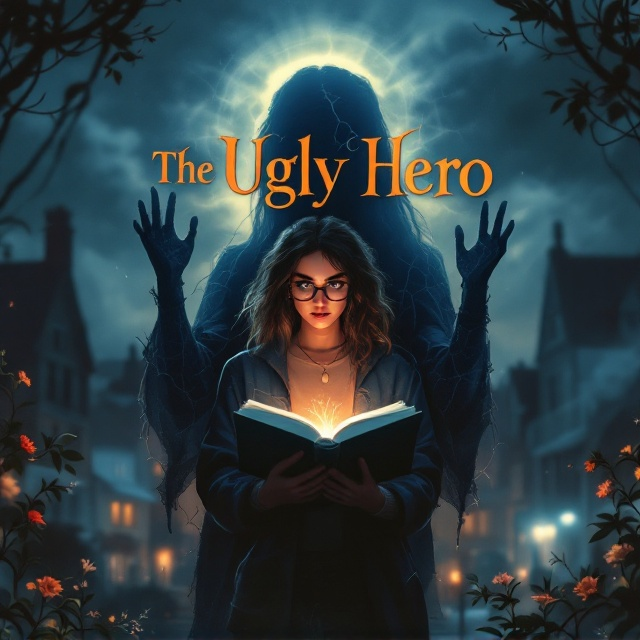 A shadowy background of a small, quiet town, Evendale, at dusk. Centralized in this composition is Nora, a teenage girl with unassuming and unconventionally “ugly” features, such as uneven glasses, frizzy hair, and oversized clothing. She stands tall and determined, holding an open book in one hand that glows faintly, symbolizing her inner strength and wisdom she has garnered from her readings. Behind her looms the radiant figure of Elinor, symbolizing societal beauty, but her shadow distorts into cracks—representing the fragility of superficial beauty. The edges of the cover feature faint swirls of vines and flowers, visually contrasting Nora's "imperfect" yet growing essence.
