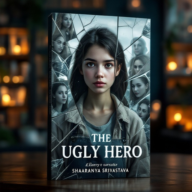 The cover showcases a fragmented mirror effect. A teen girl with unassuming and plain features (Nora) is featured in the central shard, wearing humble clothing, and a determined expression set against the backdrop of a small town. Around Nora's shard, multiple smaller shards of glass display distorted, idealized versions of beauty, representing societal constructs (suggestively Elinor's essence). The background holds a faint glowing library shelf, subtly signifying Nora's inner sanctuary and source of strength. The fragmented visuals symbolize Nora breaking through artificial beauty norms.
